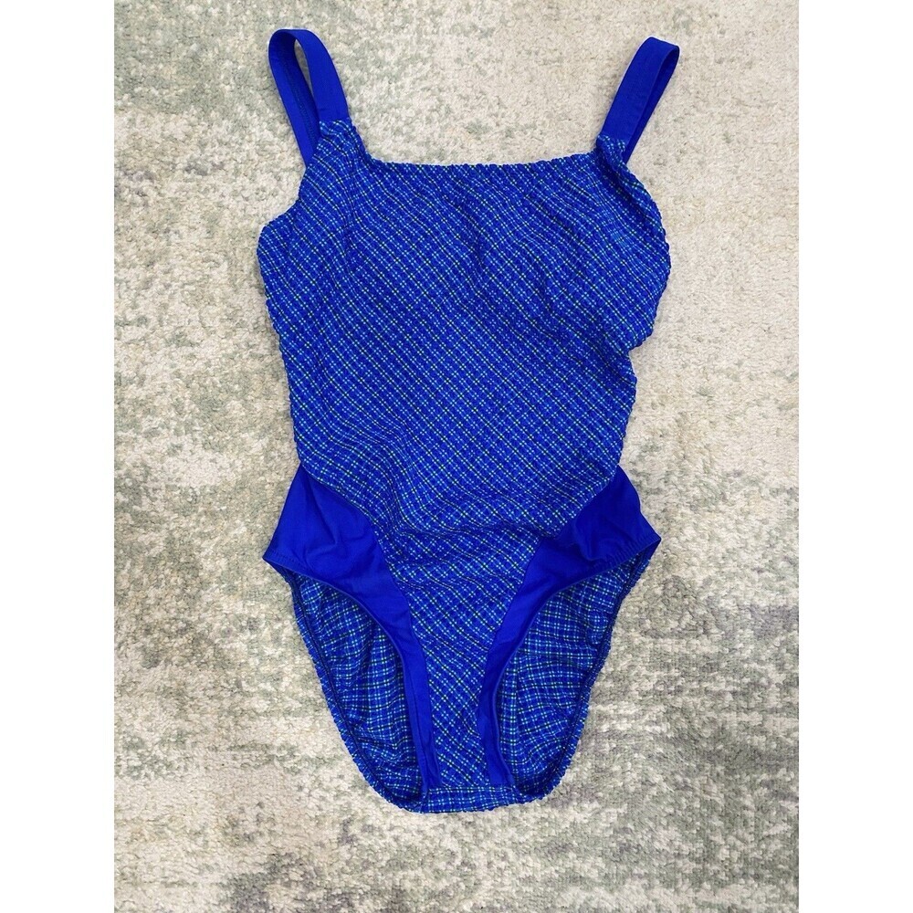 Vintage Swimsuit Women's 14 Madras Plaid BLUE Preppy Seersucker Classic USA